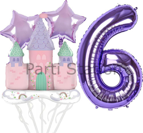 Prenses Konsept 6 Yaş Mor Renk Rakam Balon Set Prenses Evi Şato Balon Konsept Doğum Günü Balon Set
