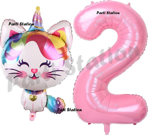 Unicorn Kedi Balon 1 Yaş Doğum Günü Balon Set Unicorn Kedi Konsept Balon Ve Pembe Rakam Balon
