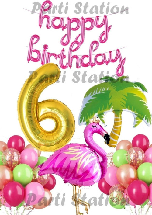 Tropikal Konsept Parti Flamingo 6 Yaş Doğum Günü Balon Seti Yaz Temalı Tropikal Flamingo Parti
