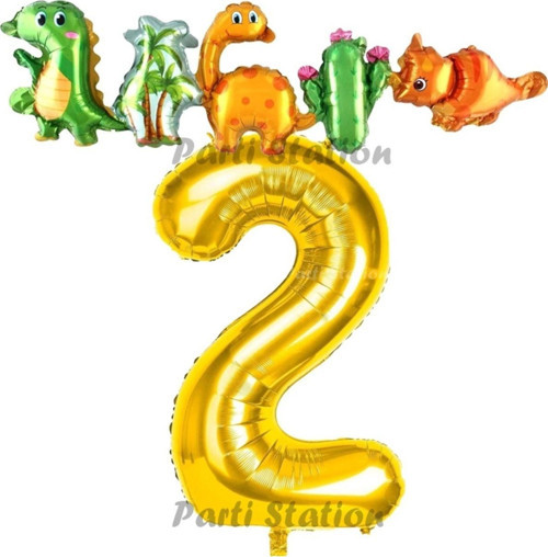 Altın Renk Rakam Balonlu Dinozor 2 Yaş Doğum Günü Parti Yapışık Balon Set Dinozor Tema Parti Set