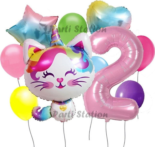Unicorn Kedi Kitty Konsept 2 Yaş Doğum Günü Parti Balon Set Sevimli Unicorn Kedi Tema Parti Set