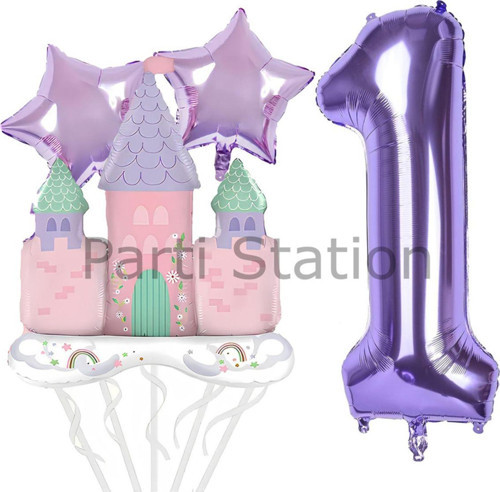 Prenses Konsept 1 Yaş Mor Renk Rakam Balon Set Prenses Evi Şato Balon Konsept Doğum Günü Balon Set