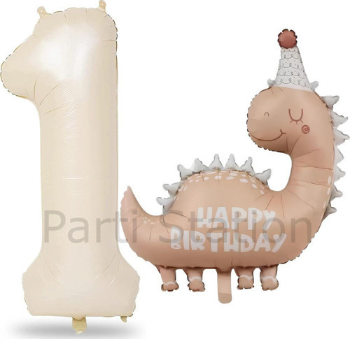 Retro Dinozor 1 Yaş Krem Renk Rakam Balon Set Sevimli Pembe Dinozor Konsept Doğum Günü Balon Set