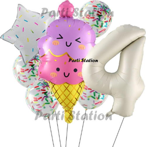 Dondurma İce Cream Konsept Doğum Günü 4 Yaş Balon Set Yaz Tema Sevimli Dondurma Folyo Balon Set
