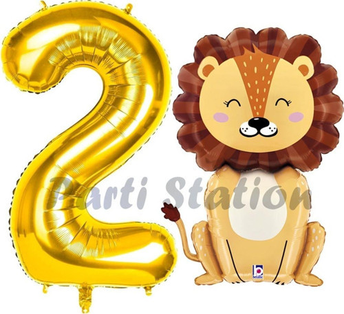 Aslan Balon 2 Yaş Balon Set Safari Konsept Aslan Balon Ve Gold Renk Rakam Balon