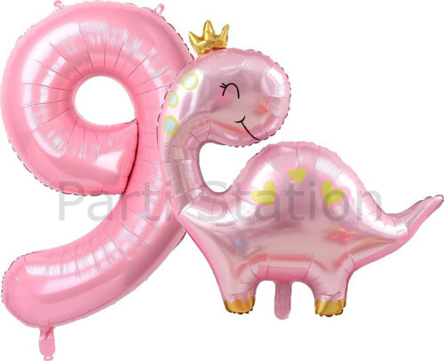 Pembe Dinozor 9 Yaş Pembe Renk Rakam Balon Set Sevimli Pembe Dinozor Konsept Doğum Günü Balon Set