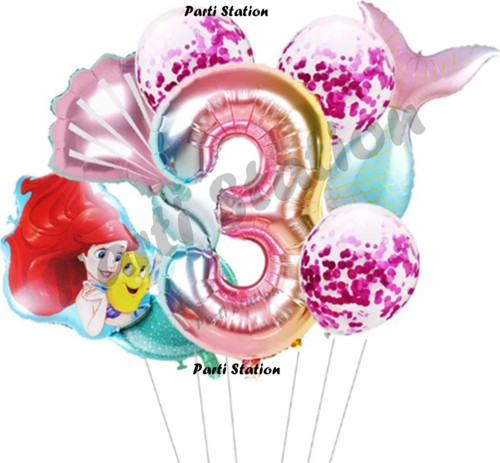Küçük Deniz Kızı Ariel 3 Yaş Balon Set Little Mermaid Balloon Set Deniz Kızı Ariel Doğum Günü Set