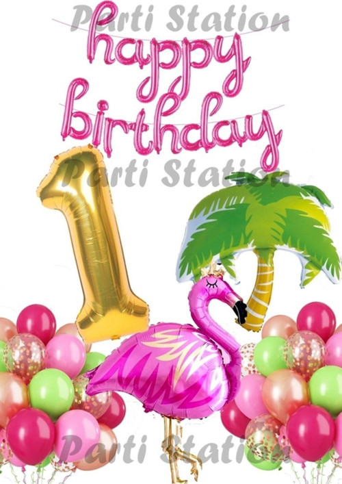 Tropikal Konsept Parti Flamingo 1 Yaş Doğum Günü Balon Seti Yaz Temalı Tropikal Flamingo Parti