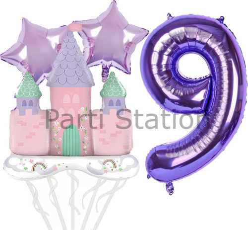 Prenses Konsept 9 Yaş Mor Renk Rakam Balon Set Prenses Evi Şato Balon Konsept Doğum Günü Balon Set