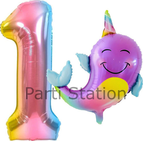 Unicorn Balina Balon 1 Yaş Set Okyanus Konsept Unicorn Yunus Balığı Ve Renkli Rakam Balon Set