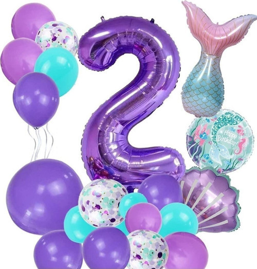 Mor Rakam Balon 2 Yaş Deniz Kızı Temalı Doğum Günü Parti Kutlama Seti Konsept 1
