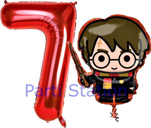 Harry Potter 7 Yaş Kırmızı Renk Rakam Balon Set Harry Potter Hogwarts Konsept Doğum Günü Balon Set