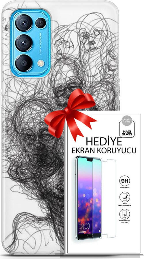 Oppo Reno 5 Pro Kılıf Orijinal Seri Soul 25 Kurşunkalem Soyulmayan Kılıf + Ekran Koruyucu Full Koruma