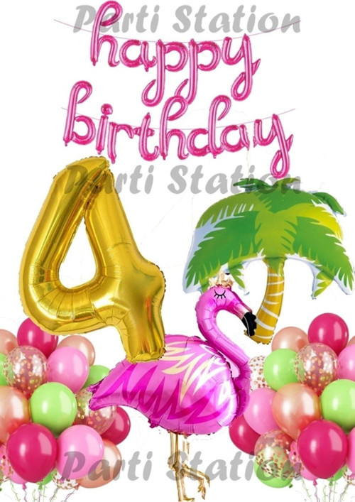 Tropikal Konsept Parti Flamingo 4 Yaş Doğum Günü Balon Seti Yaz Temalı Tropikal Flamingo Parti
