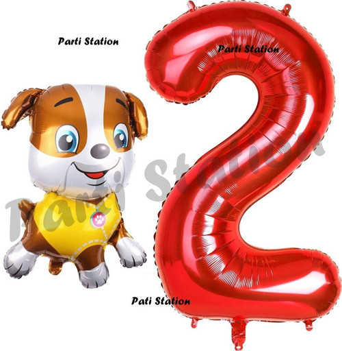 Paw Patrol İnşaat Köpek Rubble 2 Yaş Balon Ve Kırmızı Rakam Balon Doğum Günü Parti Set