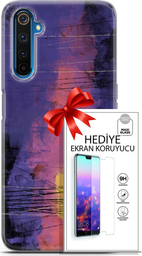 Realme 6 Pro Kılıf Orijinal Seri Nature 04 Mor Kırmızı Silikon Kılıf + Ekran Koruyucu Full Koruma