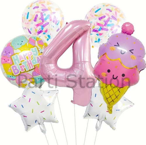 İce Cream Dondurma 4 Yaş Balon Set Şeker Dondurma Candy Balon İce Cream Konsept Doğum Günü Balon Set