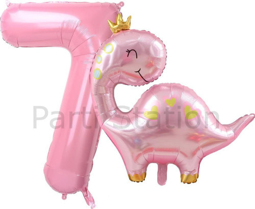 Pembe Dinozor 7 Yaş Pembe Renk Rakam Balon Set Sevimli Pembe Dinozor Konsept Doğum Günü Balon Set