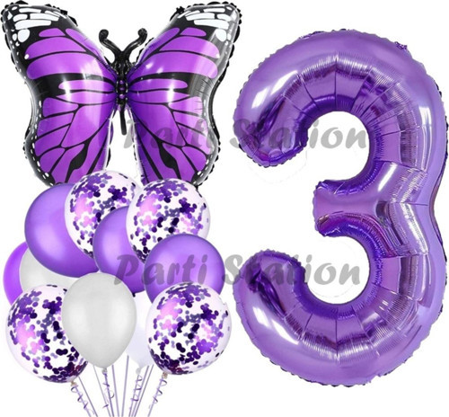 Mor Kelebek Konsept 3 Yaş Balon Set Butterfly Kelebek Mor Rakam Balon Parti Doğum Günü Balon Set