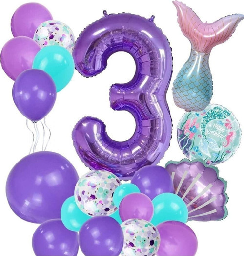 Mor Rakam Balon 3 Yaş Deniz Kızı Temalı Doğum Günü Parti Kutlama Seti Konsept 1
