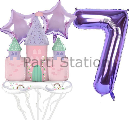 Prenses Konsept 7 Yaş Mor Renk Rakam Balon Set Prenses Evi Şato Balon Konsept Doğum Günü Balon Set