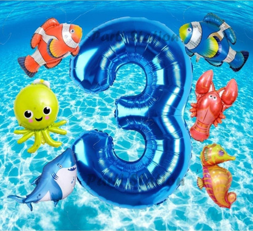 Okyanus Hayvanları 3 Yaş Doğum Günü Balon Set Deniz Canlıları Köpek Balığı Ahtapot Kırmızı Balık Set