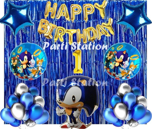 Lacivert Tilki Sonic Boom Konsept 1 Yaş Balon Set Sonic Tema Doğum Günü Arka Fon Süsleme Balonlu Set