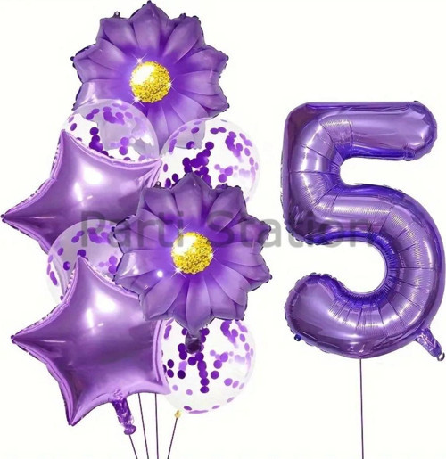 Mor Papatya 5 Yaş Balon Set Mor Papatya Konsept Doğum Günü Balon Set