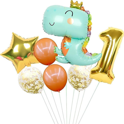 Sevimli Yeşil Dinozor Konsept 1 Yaş Balon Set Jurassic Dinozor Tema Doğum Günü Folyo Balon Set