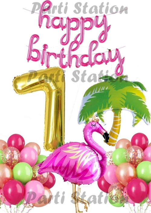 Tropikal Konsept Parti Flamingo 7 Yaş Doğum Günü Balon Seti Yaz Temalı Tropikal Flamingo Parti
