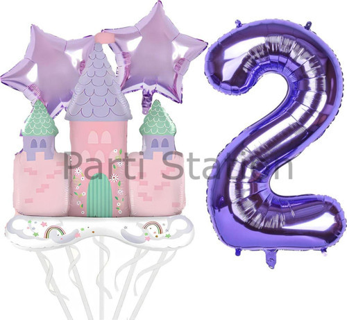 Prenses Konsept 2 Yaş Mor Renk Rakam Balon Set Prenses Evi Şato Balon Konsept Doğum Günü Balon Set
