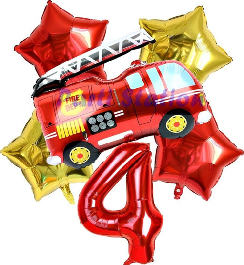İtfaiye Fireman Balon 4 Yaş Doğum Günü Balon Set Araçlar Konsept İtfaiye Balon Ve Rakam Balon