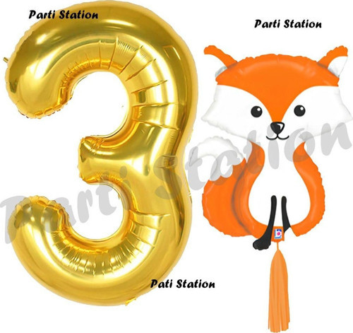 Woodland Tilki Balon 3 Yaş Balon Set Sevimli Tilki Balon Ve Gold Rakam Balon Doğum Günü Seti