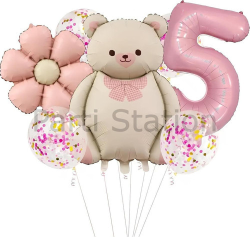 Sevimli Ayıcık 5 Yaş Balon Set Retro Pembe Ayıcık Konsept Doğum Günü Set