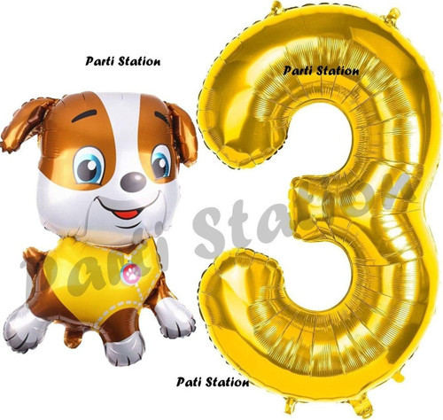 Paw Patrol İnşaat Köpek Rubble 3 Yaş Balon Ve Gold Rakam Balon Doğum Günü Parti Set