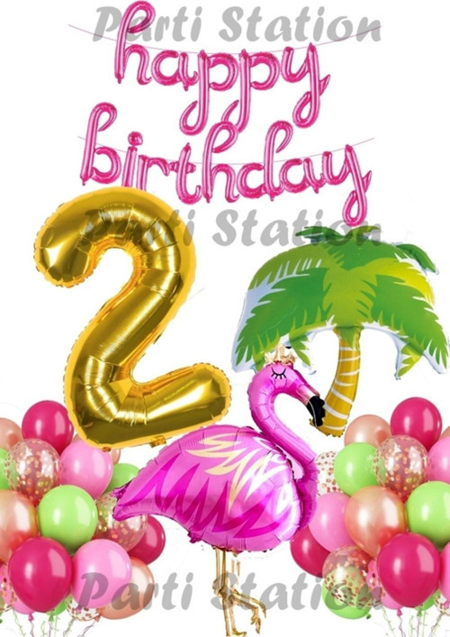 Tropikal Konsept Parti Flamingo 2 Yaş Doğum Günü Balon Seti Yaz Temalı Tropikal Flamingo Parti