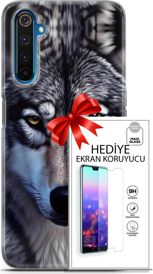Realme 6 Pro Kılıf Orijinal Seri Dogs 07 Kurt Yüz Desenli Kılıf + Ön Ekran Koruyucu