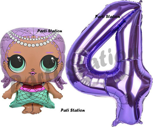 Mermaid Lol Bebek 4 Yaş Balon Ve Mor Rakam Balon Doğum Günü Parti Set