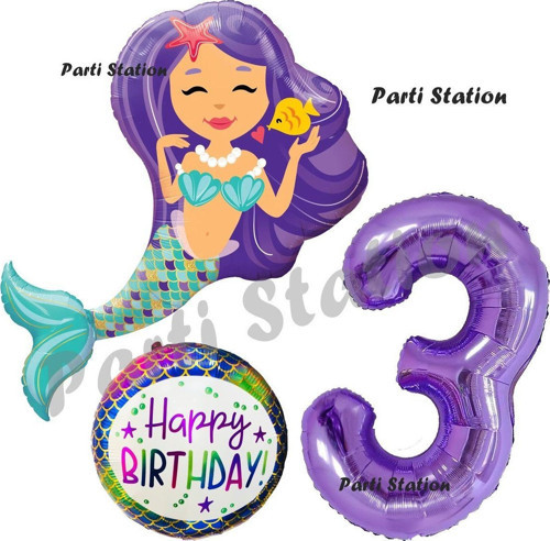 Deniz Kızı Konsept Mermaid Deniz Kızı 3 Yaş Balon Set Ve Mor Rakam Balon Doğum Günü Parti Balon Set
