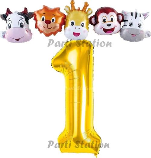 Altın Renk Rakam Balonlu Safari 1 Yaş Doğum Günü Parti Balon Set Safari Hayvanlar Tema Parti