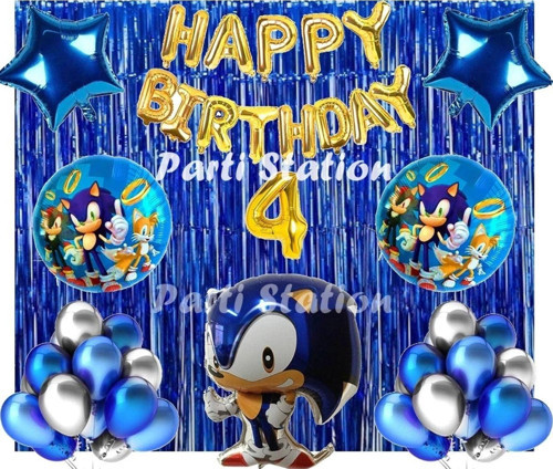 Lacivert Tilki Sonic Boom Konsept 4 Yaş Balon Set Sonic Tema Doğum Günü Arka Fon Süsleme Balonlu Set
