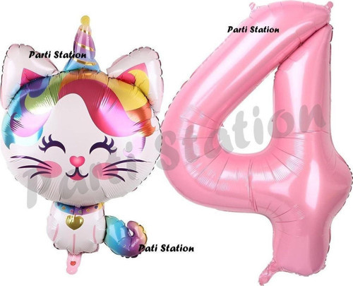 Unicorn Kedi Balon 1 Yaş Doğum Günü Balon Set Unicorn Kedi Konsept Balon Ve Pembe Rakam Balon