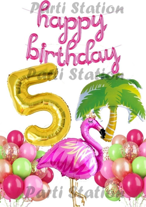 Tropikal Konsept Parti Flamingo 5 Yaş Doğum Günü Balon Seti Yaz Temalı Tropikal Flamingo Parti