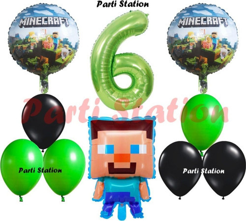 Yeşil Rakam Balonlu Minecraft Konsept Doğum Günü 6 Yaş Balon Set Minecraft Yeşil Siyah Balon Set