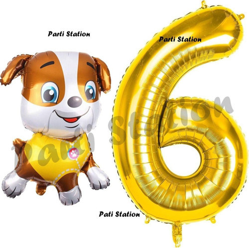 Paw Patrol İnşaat Köpek Rubble 6 Yaş Balon Ve Gold Rakam Balon Doğum Günü Parti Set
