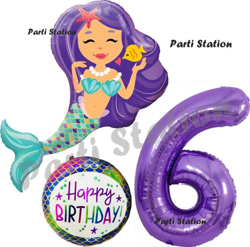 Deniz Kızı Konsept Mermaid Deniz Kızı 6 Yaş Balon Set Ve Mor Rakam Balon Doğum Günü Parti Balon Set