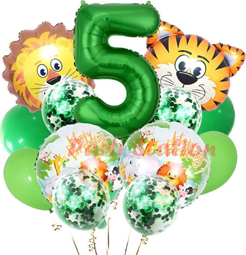 Safari Konsept Balon Seti 5 Yaş Safari Jungle Parti Doğum Günü Balon Karşılama Set Yeşil Rakam Balon