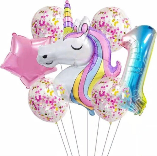 Unicorn Gökkuşağı 1 Yaş Folyo Balon Set Konsept Doğum Günü Set Yaş Balon Set