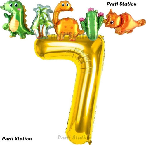 Altın Renk Rakam Balonlu Dinozor 7 Yaş Doğum Günü Parti Yapışık Balon Set Dinozor Tema Parti Set