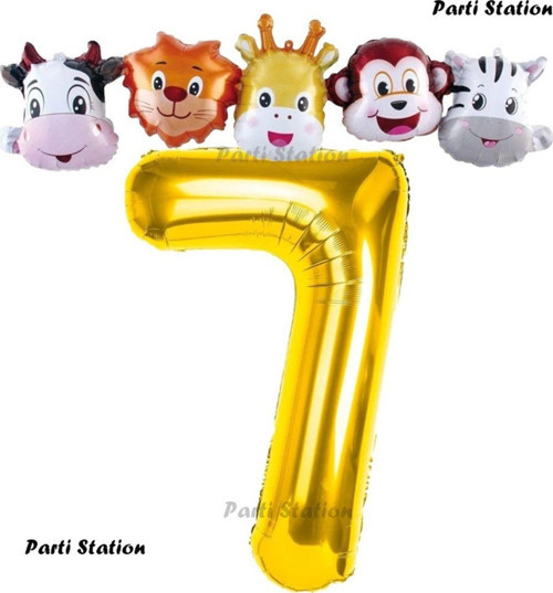 Altın Renk Rakam Balonlu Safari 7 Yaş Doğum Günü Parti Balon Set Safari Hayvanlar Tema Parti